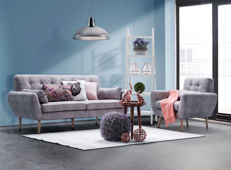 Blue themed lounge rooms with polished concrete floors