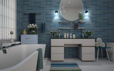 Be Inspired by Blue Themed Bathrooms with Polished Concrete Floors