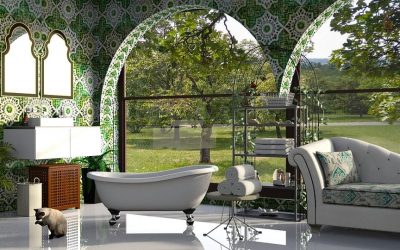 Green Themed Bathrooms with Polished Concrete Floors