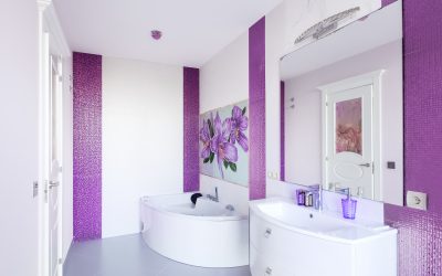 Violet Themed Bathrooms with Polished Concrete Floors
